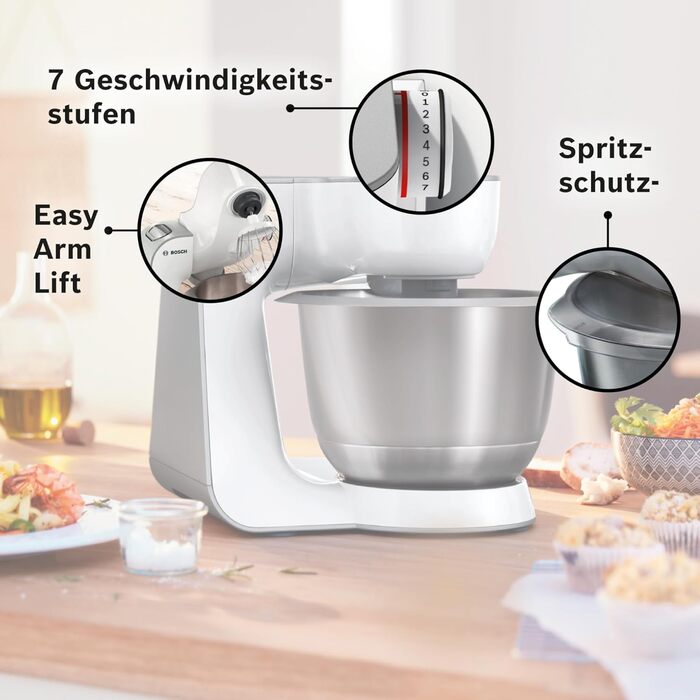 Кухонна машина Bosch Serie 4 MUM58200 гак для замісу, вінчик та міксер з нержавіючої сталі, чаша зі сталі (можна мити в посудомийній машині), 3D-система змішування, білий/сріблястий
