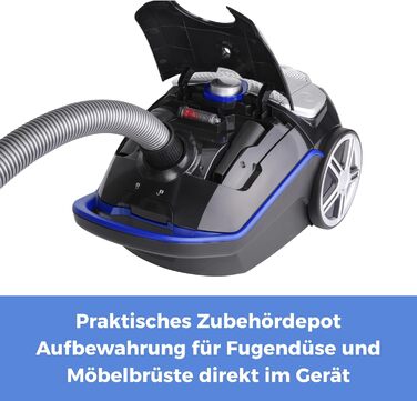 Пилосос з мішком Fakir Blue Vac Power TS 721, 800 Вт, з кабелем, HEPA H14 фільтр, тихою високоефективною мотором 69 дБ(А), містком для пилу 3 л та радіусом дії 12 м, чорний/синій