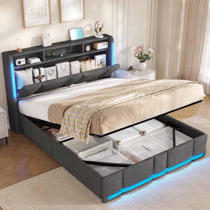 М&39яке двоспальне ліжко 140x200 з ящиком для зберігання, гідравлічне ліжко з місцем для зберігання зі світлодіодним освітленням та розетками, ліжко 140x200 см з узголів&39ям для зберігання, рейковий каркас, льон, темно-сірий (без матраца) 140 x 200 см те