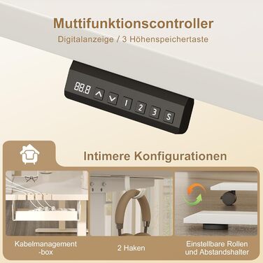 Г-подібний стіл з регульованою висотою, електричним керуванням та 3 налаштуваннями пам&39яті, кутовий стіл 160 x 140 см з органайзером для кабелів та гачками, ергономічний комп&39ютерний стіл, білий, 160 x 140 см