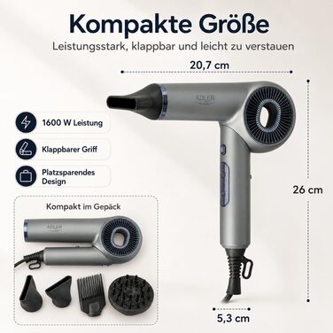 Іонізуючий складаний фен ADLER EUROPE 1600 Вт, 110 000 об/хв, Anti-Frizz