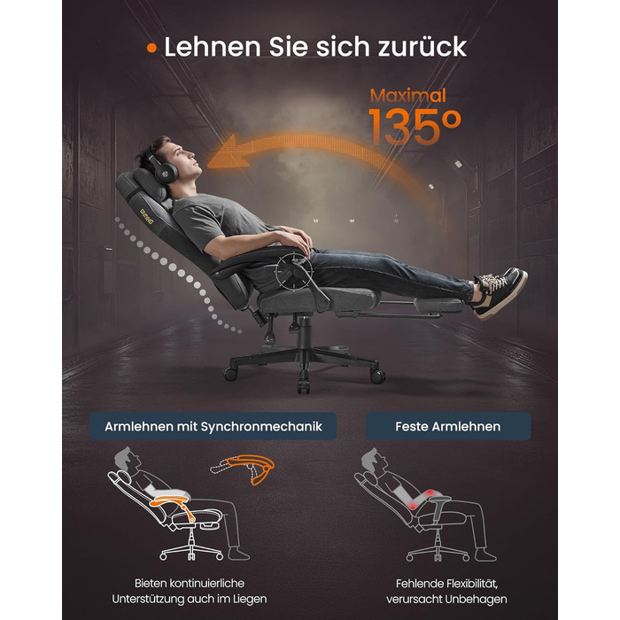 Ігрове крісло SONGMICS HOME, ергономічне комп&39ютерне крісло з підставкою для ніг, офісне крісло, обертове крісло з підголівником, суміш бавовни та льону, регульована висота, колір голубий сірий OBG072G01