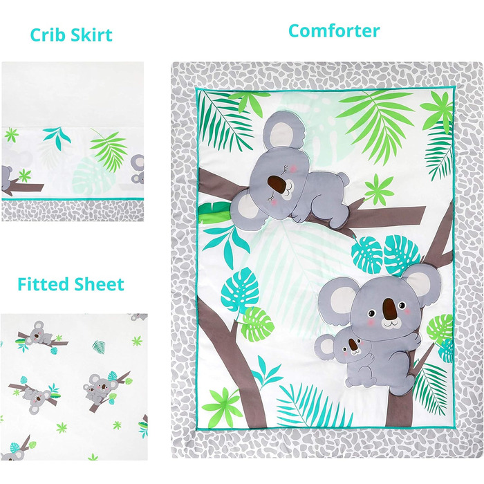 Комплект постільної білизни для дитячого ліжечка La Premura Baby Koala, 3 предмети, стандартний розмір, сіро-зелений, дитяча пості