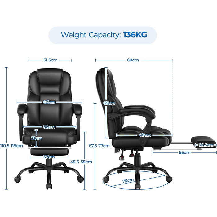 Ергономічне офісне крісло Yaheetech, крісло керівника з підставкою для ніг, письмове крісло з адаптивними підлокітниками, висока спинка, регульована висота, для офісу, чорне