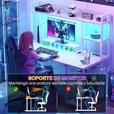 Ігровий стіл з полицею, комп&39ютерний стіл 47 дюймів зі світлодіодним підсвічуванням та розетками, стіл для домашнього офісу з двосторонніми 5-ярусними відділеннями для зберігання та підставкою для монітора, білий 120 см