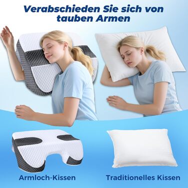 Подушка SAHEYER для сну на боці з проймою, ергономічна ортопедична подушка 2-в-1 для шиї та плечей, подушка з піни з ефектом пам&39яті з 3 проймами для сну на боці, спині та животі, чорно-білий колір