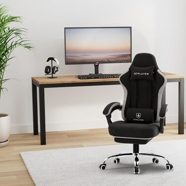 Ігрове крісло GTPLAYER Ергономічне ігрове крісло з тканинною поверхнею, пружинною подушкою сидіння, з&39єднувальними підлокітниками та підставкою для ніг 150 кг, біло-сіре