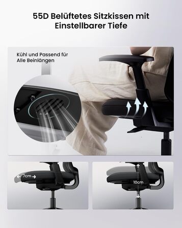 Ергономічне офісне крісло ProtoArc Flexer Робоче крісло з регулюванням глибини сидіння, контурною подушкою сидіння та дихаючою сітчастою спинкою для домашнього офісу та офісу, легке складання, чорний колір Flexer-black