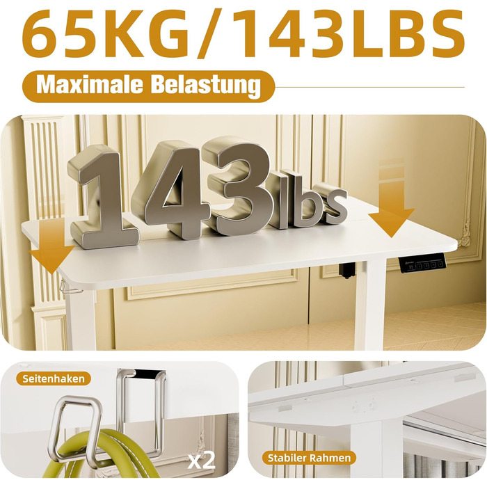 Стіл з регульованою висотою 90x60 см, Електричне регулювання висоти столу з роздільною панеллю, Ергономічний стіл з регульованою висотою, Білий 90 x 60 см