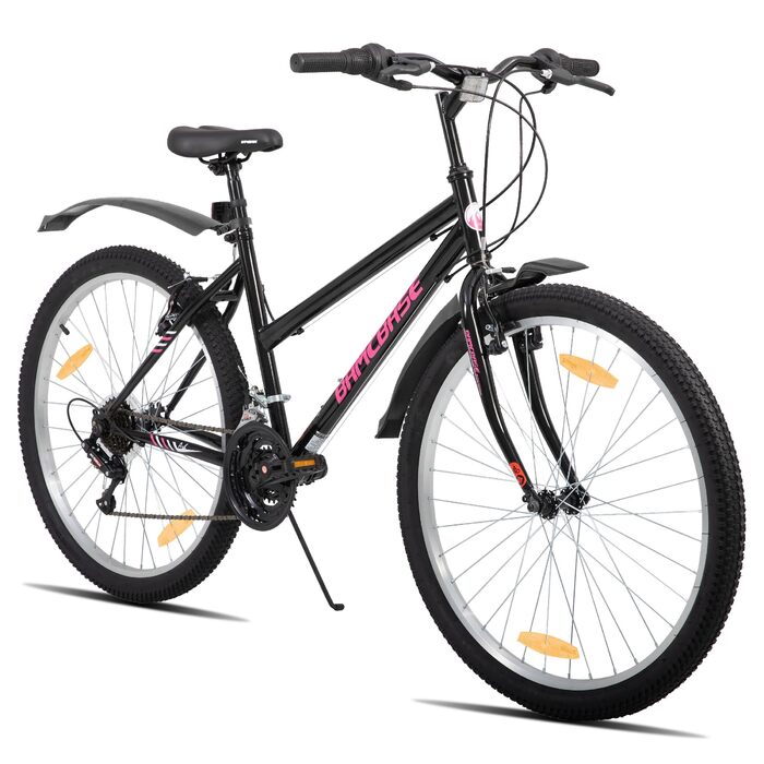 Жіночий гірський велосипед Hiland 24/26 дюймів, велосипед для дівчат та жінок, 18-швидкісний гірський велосипед з V-подібними гальмами, міцний гірський велосипед зі сталевою рамою, чорний/рожевий/білий, чорні колеса 24 дюйми
