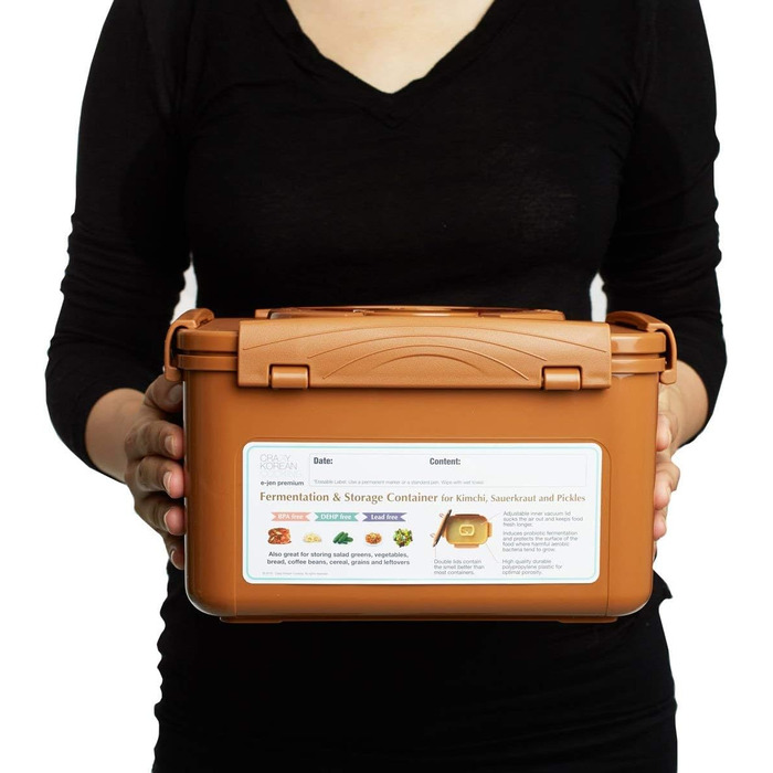 Контейнер для зберігання та ферментації квашеної капусти преміум-класу Crazy Korean Cooking з внутрішньою вакуумною кришкою, піщано-коричневий, 5,2 л, 2 шт. и по 5,2 л (1,3 галона), 2 шт.