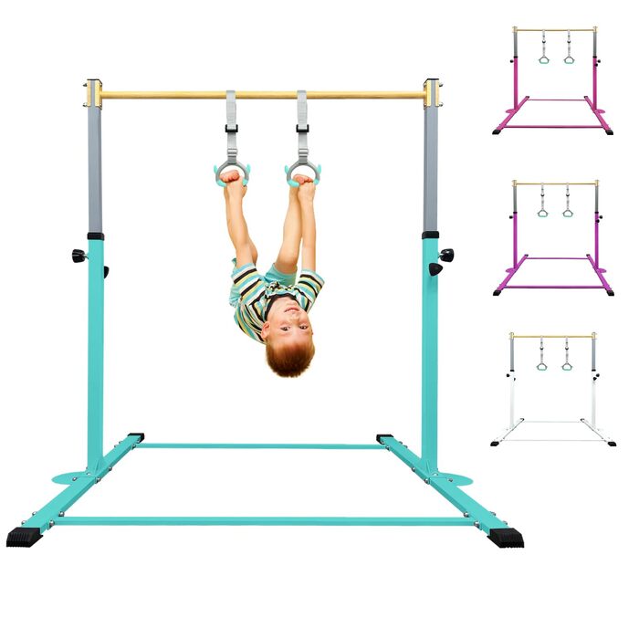 Гімнастичний гриф HomeSun для дітей, міцний нахилений гриф з кільцями, горизонтальний гімнастичний гриф для домашніх тренувань, регульована висота 90-150 см, тренажер до 100 кг, вік 3-15 років, бірюзовий