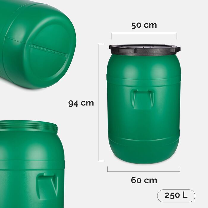 Кормовий бункер з широким горлом об&39ємом 250 літрів та кришкою (без ущільнювача) контейнер з HDPE без BPA для води, зберігання, корму для тварин, квашеної капусти та солінь GD-0142 250 л зеленого кольору