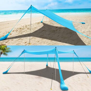 Портативний пляжний намет COMMOUDS Sunshade Beach 3,6 м x 3,6 м, захист від сонця UPF50 Sun Sail Beach Shelter з 4 алюмінієвими стійками та мішками з піском, легке встановлення для пікніків, риболовлі, відпочинку на природі
