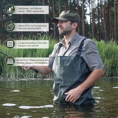 Чоловічі та жіночі водонепроникні рибальські штани Wathos з нейлону 70D, ПВХ та неопрену для риболовлі, фермерських та будівельних робіт, розмір 43, зелені