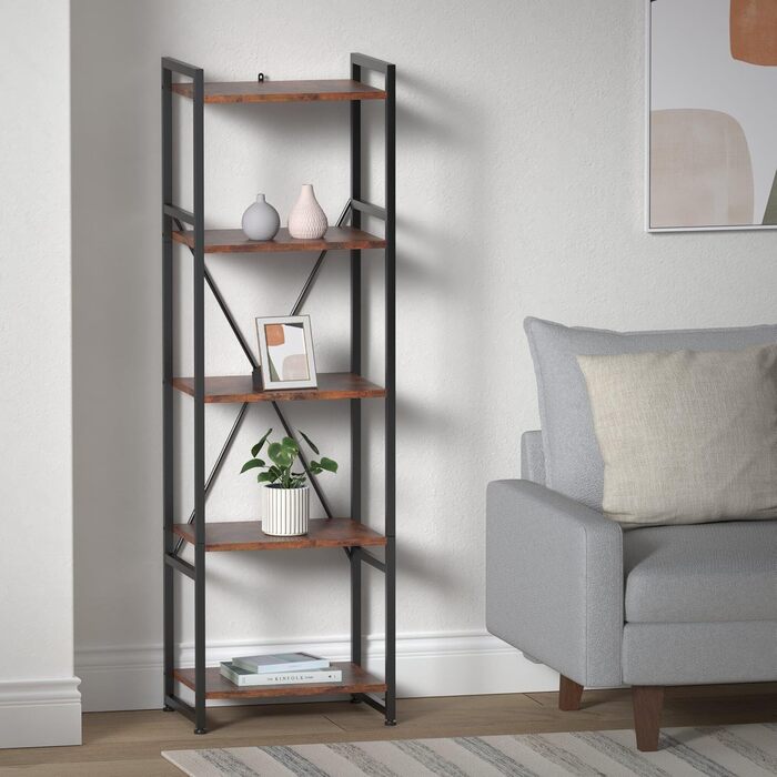 Книжкова полиця tectake Industrial Design, Відкритий стелаж з 5 полицями, Вінтажна окремостояча полиця із захистом від перекидання, Вузька полиця для офісу, вітальні, кухні, 47,5x34,5x151,5 см - Темне дерево в індустріальному стилі, Рустикальний темно-кор