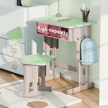 Дитячий комплект столу та стільця, регульований по висоті, для школи та університету, комплект столу та стільця з шухлядою для зберігання речей, ергономічний комплект стільців для роботи з гачком для рюкзака, підходить для дітей від