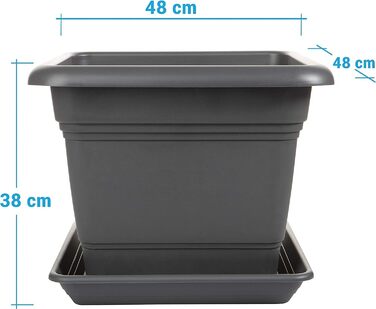 Набір з 4 рослинних горщиків XXL, 48 см, антрацит, великі пластикові квіткові горщики, вуличні горщики, стійкі до ультрафіолету, морозостійкі, зроблені в Німеччині, з дренажним блюдцем.