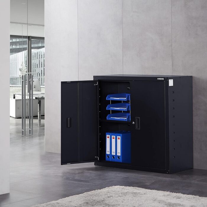 Картотечна шафа Arebos, офісна шафа, шафа для зберігання, шафа для матеріалів, сталева шафа Полиця з регульованою висотою 90x90x40 см чорного кольору