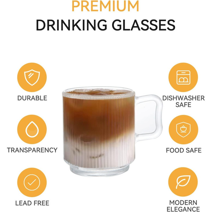 ПРОЕКТУВАННЯ Д.М MASTER4 шт., 350 мл - скляні кавові чашки преміум-класу з кришкою та ложкою, класична чашка для кави з вертикальн