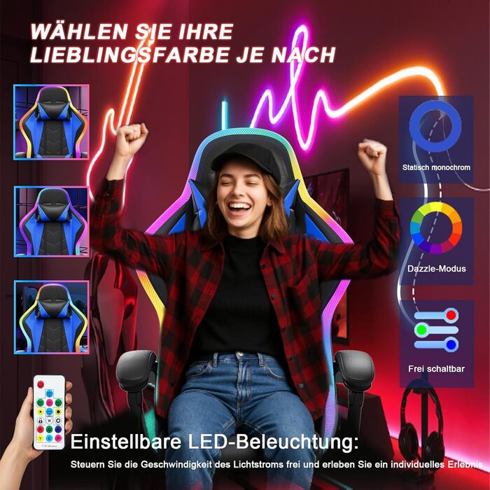 Ігрове крісло JUMMICO зі світлодіодним освітленням, круте гоночне ігрове крісло, ергономічне офісне крісло з функцією масажу, регульована спинка 90-135, з телескопічною підставкою для ніг, ігрове крісло вантажопідйомністю 150 кг, синє