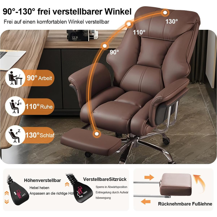 Офісне крісло з підставкою для ніг та поперековою опорою Ергономічне ігрове крісло з регульованим по висоті підголівником та регульованою спинкою, обертове крісло з високою спинкою зі штучної шкіри для домашнього офісу (коричневе)