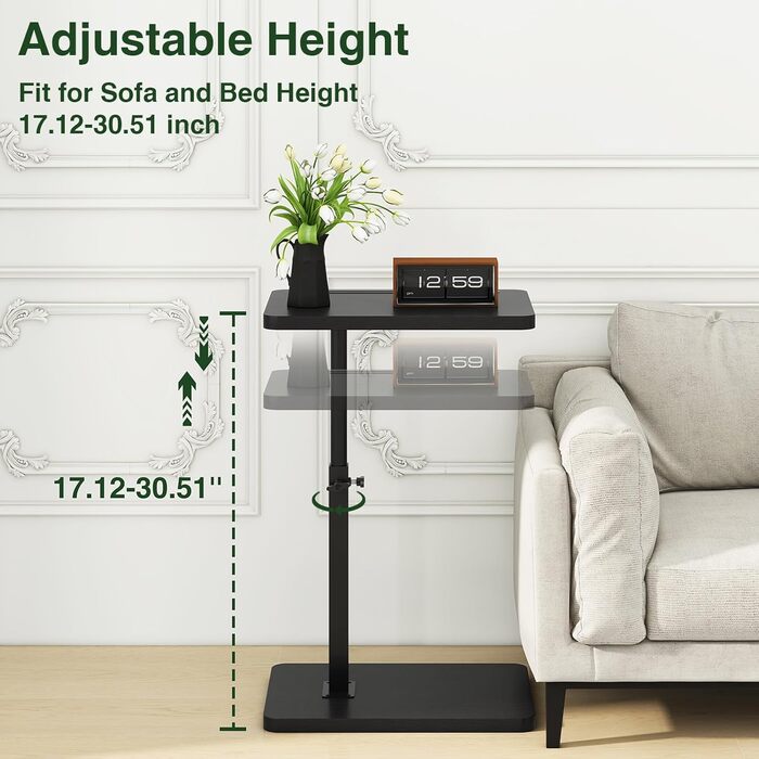 Журнальний столик IBUYKE C-подібної форми, обертовий на 360 та регульований по висоті, для вузьких приміщень, з відсіком для телефону та планшета, для вітальні, спальні, чорний TVT003B Стандарт - Без нахилу Чорний