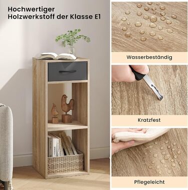 Книжкова полиця WOLTU на 3 рівні, окремостояча полиця з 1 шухлядою для тканини та 2 кубами, відкрита полиця, невелика полиця для зберігання, для вітальні, спальні, дитячої кімнати, 32,4 x 80 x 30 см, світлий дуб, SK055hei