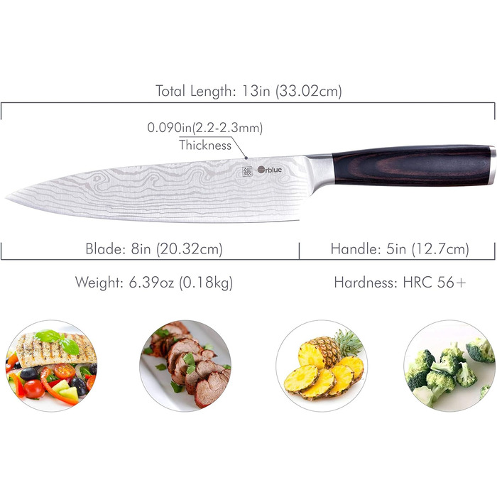 Професійний ніж ORBLUE 8 Chef Knife - ніж з нержавіючої сталі з нековзною ергономічною ручкою, гострий кухонний ніж, ніж для шеф-к