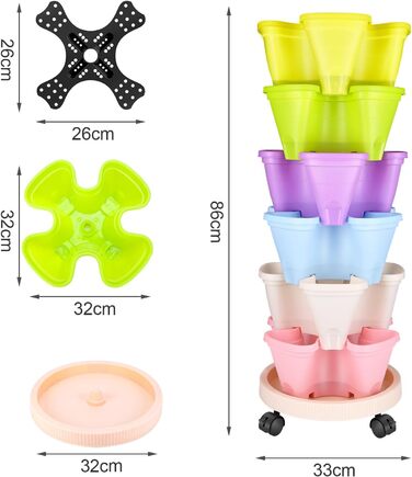 Вежа для рослин WADEO з горщиками, що штабелюються, вертикальний сад з 6 ярусами, горщик для полуниці, трав, квітів та овочів, що штабелюється, економія місця до 12 рослин (різнокольоровий)