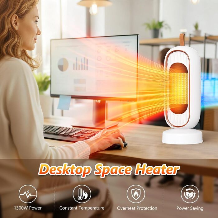 Тепловентилятор потужністю 1300 Вт, керамічний нагрівач PTC, тихий вентилятор, термостат, захист від перегріву та перекидання, для офісу, дому, спальні