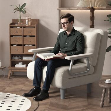 Крісло-розкладний диван-ліжко 1-місний Високий комфорт, розбирається з подушками, металевими підлокітниками та ніжками (білий)