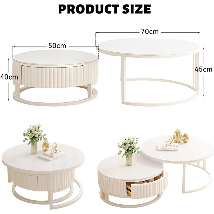 Круглий білий журнальний столик, набір із 2 сучасних столів для вітальні, круглий мармуровий журнальний столик із місцем для зберігання, дерев&39яний бічний столик, білий металевий каркас, гніздові столики для вітальні, спальні, офісу