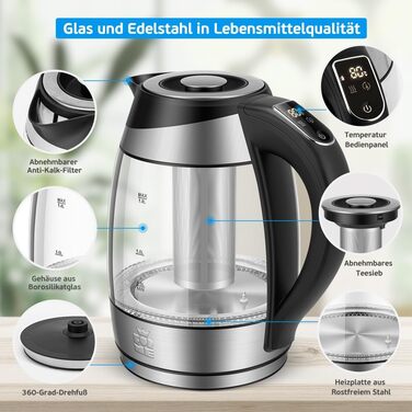 Скляний чайник 1.8 Налаштування температури Вибір температури 40C-100C Зміна кольору LED I BPA FREE I Регулювання температури Чайн