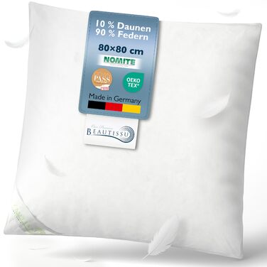 Пухова подушка Beautissu 80x80 80x80 Пухова та пір&39яна подушка 100 зроблено в Німеччині Пухова подушка 80 x 80 см Сертифіковано Oeko-Tex, Downpass та Nomite Можна прати та сушити в сушильній машині FK 80x80 см (1 упаковка)
