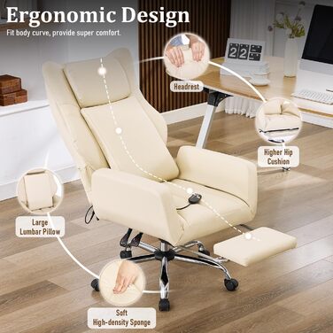 Ергономічне офісне крісло ALEAVIC зі складними підлокітниками, крісло керівника з масажем та висувною підставкою для ніг, для домашнього офісу, ігрове (бежеве)