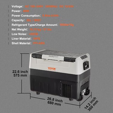 Холодильник VEVOR для автомобіля, 55 л, компресорний, переносний, з двома зонами, для кемпінгу, з ручкою і коліщатками, 0,6 кВт, в