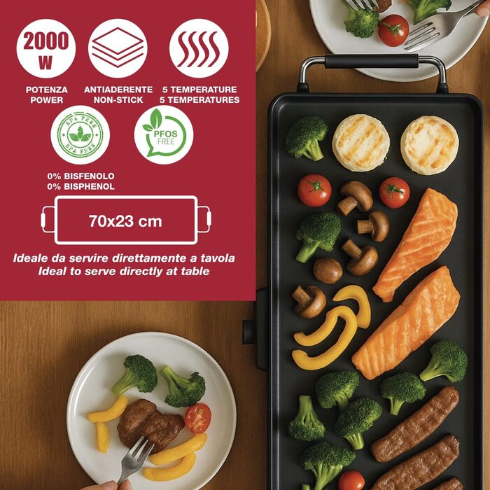 Електричний гриль-теппаньякі BEPER P101BBQ070 XL (70 x 23 см), антипригарне покриття, регульований термостат, термостійкі ручки, піддон для жиру та знімний кабель, 2000 Вт, без BPA та PFOA