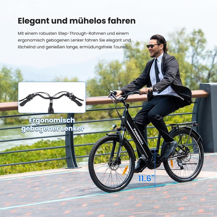 Електровелосипед Touroll MA1 26 дюймів для дорослих, міський електричний велосипед з двигуном 250 Вт 75 Нм із середнім приводом та акумулятором 36 В 468 Втгод, запас ходу 110 км, гідравлічні дискові гальма, електровелосипеди для чоловіків та жінок