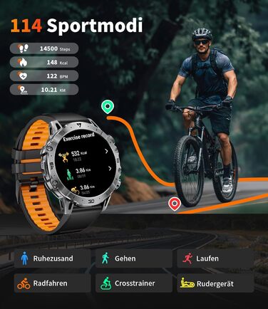 Чоловічий військовий смарт-годинник, великий акумулятор 1000 мАг, великий HD-дисплей 1,7 дюйма з функцією телефону, світлодіодний ліхтарик, фітнес-годинник з понад 110 спортивними режимами, відстеження серцевого ритму/сну, 3 браслети, IP68, сумісний з iOS