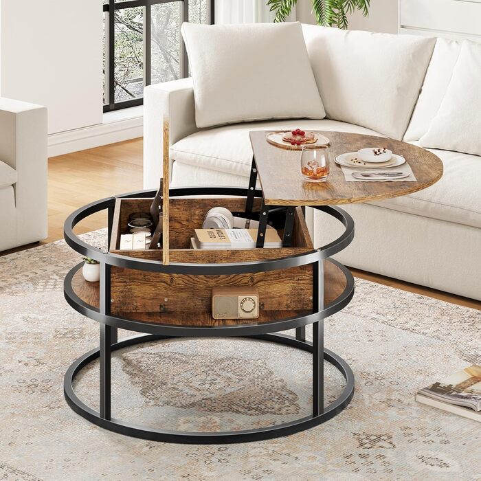 Круглий журнальний столик Dripex, діаметр 81 см, регульований по висоті бічний столик із прихованим місцем для зберігання, вітальня з підйомною стільницею, журнальний столик, дерев&39яний стіл для вітальні, офісу 80*80*47