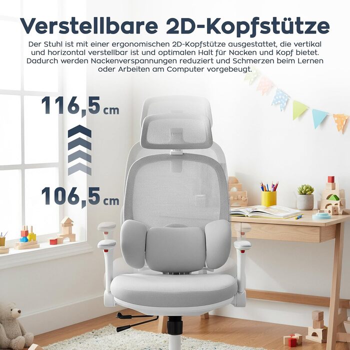 Ергономічне дитяче крісло, Стілець для роботи, Навчальне крісло, 3D поперекова підтримка, Регулювання сидіння, 2D підголівник, Регулювання висоти, Коліщатка з поліуретанової гуми, Для дітей зростом до 175 см, Сірий, 6.3