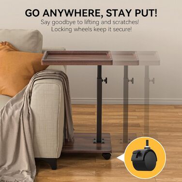 Журнальний столик з колесами, регульований по висоті жорстокий столик з обертанням на 360, С-подібний журнальний столик для вітальні, спальні, невеликий журнальний столик для дивана, кушетки, кавовий (горіх)