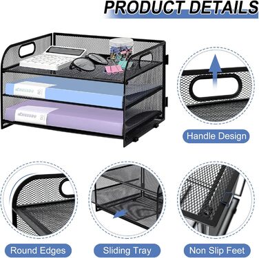 Органайзер для столу з ручкою, 3-ярусний лоток для листів, сітчасті відділення для документів формату А4, органайзер для паперових листів формату А4, лоток для документів, чорний.