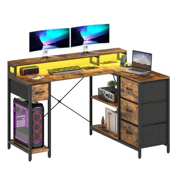 Г-подібний письмовий стіл DWVO, 140x100x85 см, двосторонній кутовий стіл з 4 шухлядами та полицею для монітора, Г-подібний стіл з 2 USB-портами для зарядки та 2 розетками для домашнього офісу, коричневий, чорний, білий (коричневий)