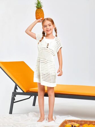 Пляжна сукня Haloumoning для дівчаток, літнє бікіні, пончо з короткими рукавами, в&39язані дитячі модні купальники, 150 білого кольору