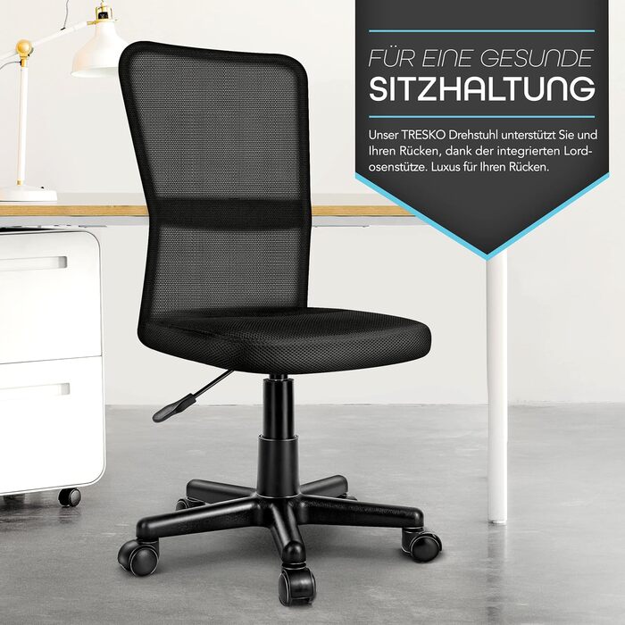 Офісний стілець TRESKO, стілець для роботи, обертовий стілець, доступний у 7 кольорах, з плавно хідними пластиковими колесами, плавне регулювання висоти, м&39яке сидіння, підйомний механізм, протестований SGS (чорний) Без підлокітників, чорний