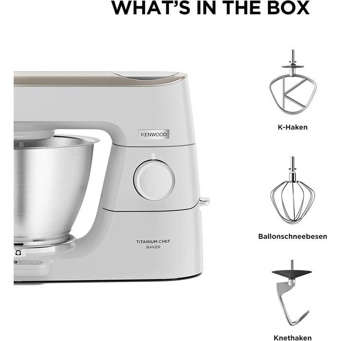 Кухонна машина Kenwood Titanium Chef Baker з вагами, набором для кондитерів (3 предмети) та чашею з нержавіючої сталі 5 л, 1200 Вт, білий (KVC65.001WH)