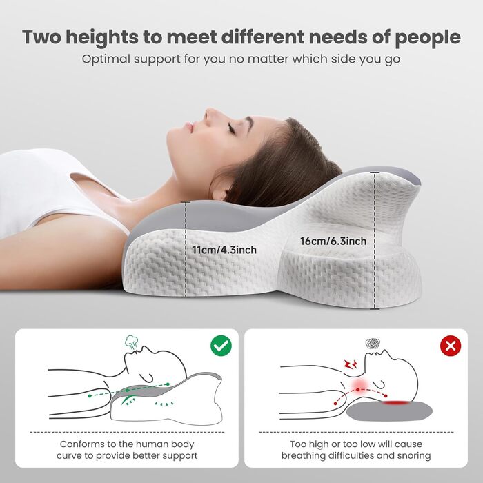 Подушка для сну JINXIA з піни з ефектом пам&39яті, ергономічна ортопедична подушка для шиї, охолоджувальна подушка зі знімною наволочкою для сну на боці, спині та животі, темно-сіра