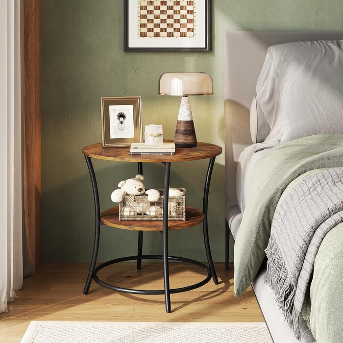 Круглий журнальний столик WLIVE, 2-рівневий маленький журнальний столик з відділенням для зберігання, металевий каркас, кругла тумбочка для вітальні, спальні, невеликих приміщень, рустикальний коричневий